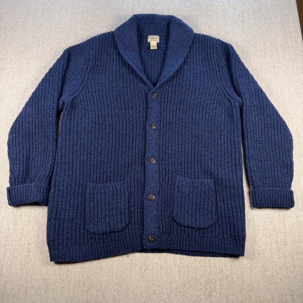 LL Bean Cardigan Mens XXXL-Tall Blue 100% Lambswool Ribbed Knit Collared Sweater